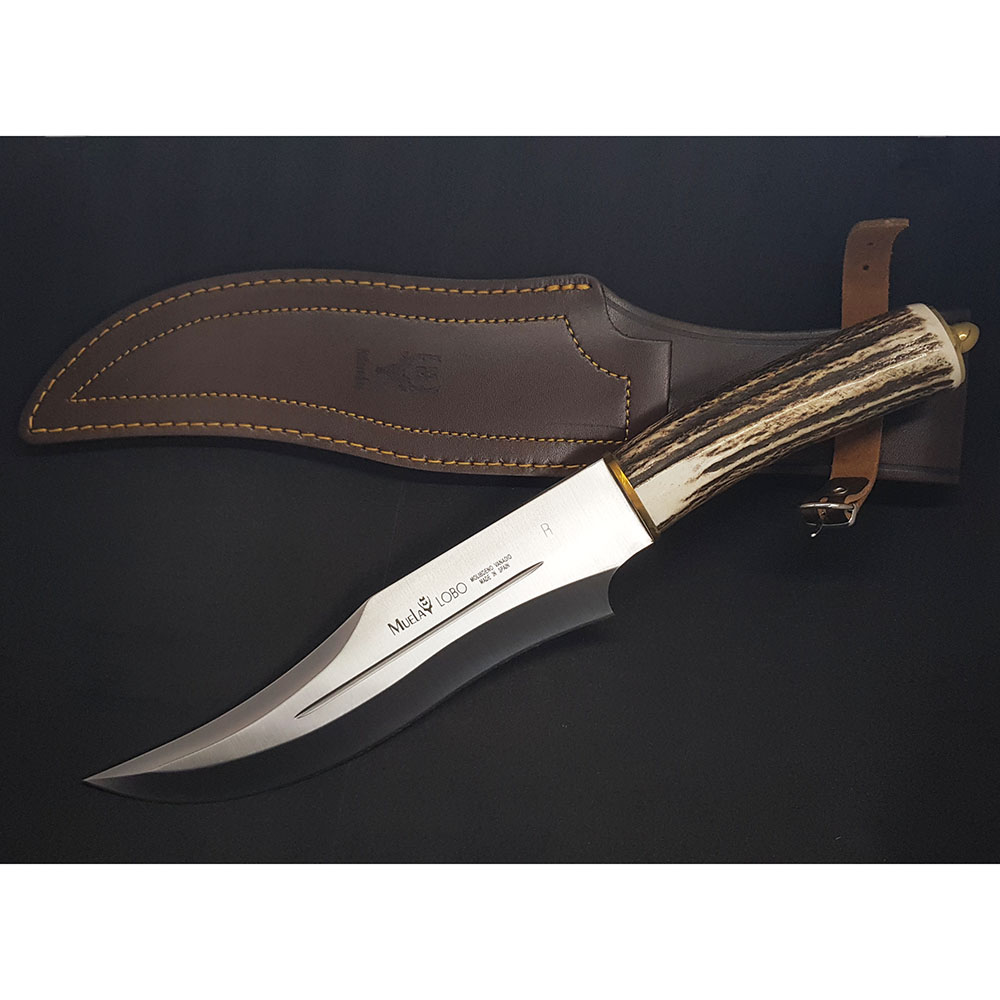 Нож "LOBO" с фикс клинком длиной 23 см, рукоять рог оленя, ножны кожа