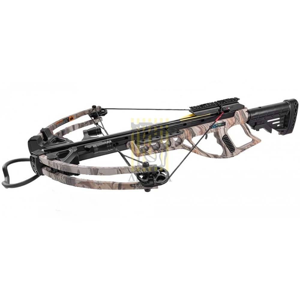 Арбалет блочный, начальная скорость 370 фут/сек, сила 95Lbs, длина натяжения 14", цвет зеленый камуф