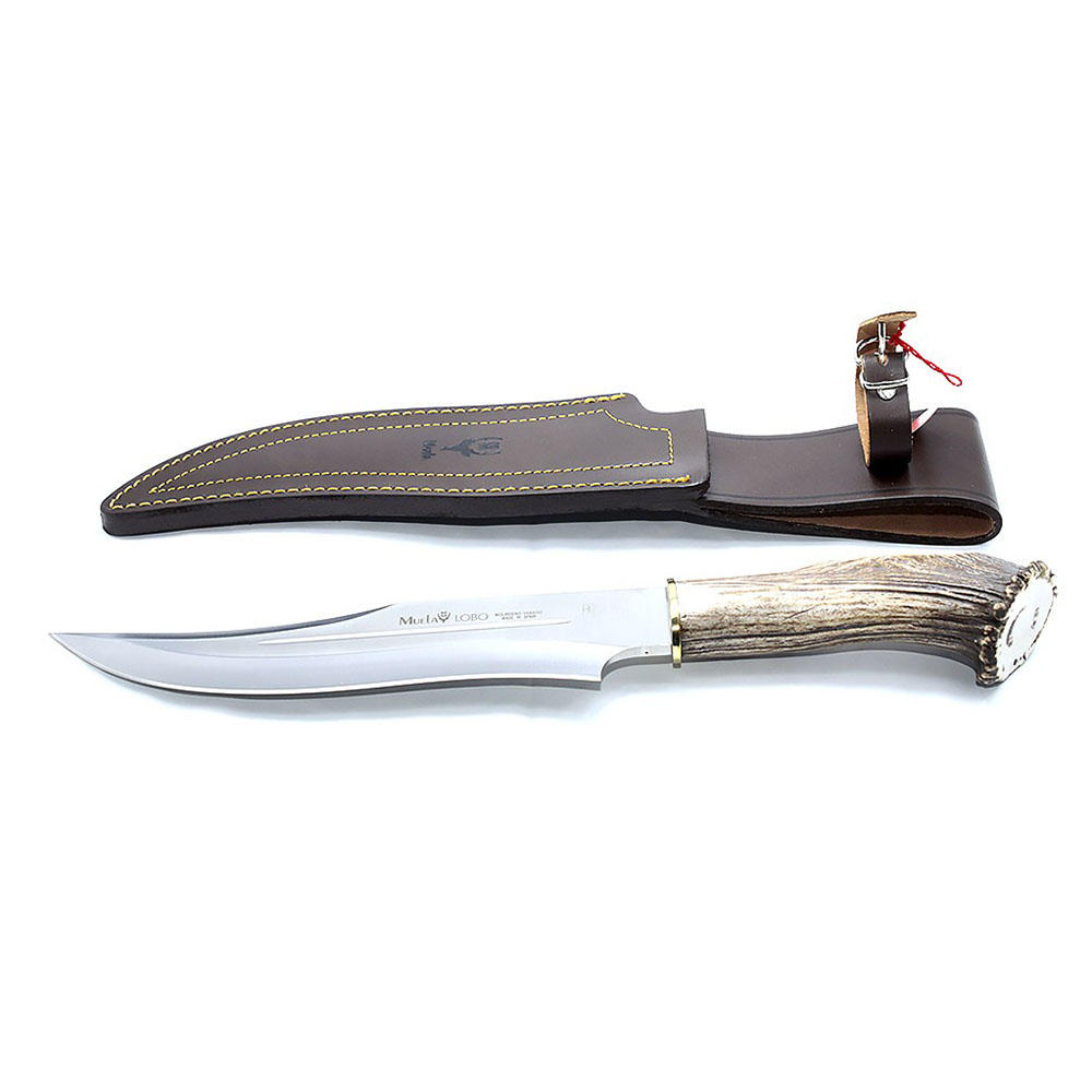 Нож "LOBO" с фикс клинком длиной 23 см, рукоять рог оленя с кроной, ножны кожа
