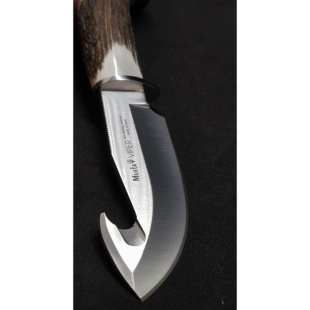 Нож-скиннер "VIPER", клинок 11 см крюк, рукоять рог оленя с кроной, ножны кожа