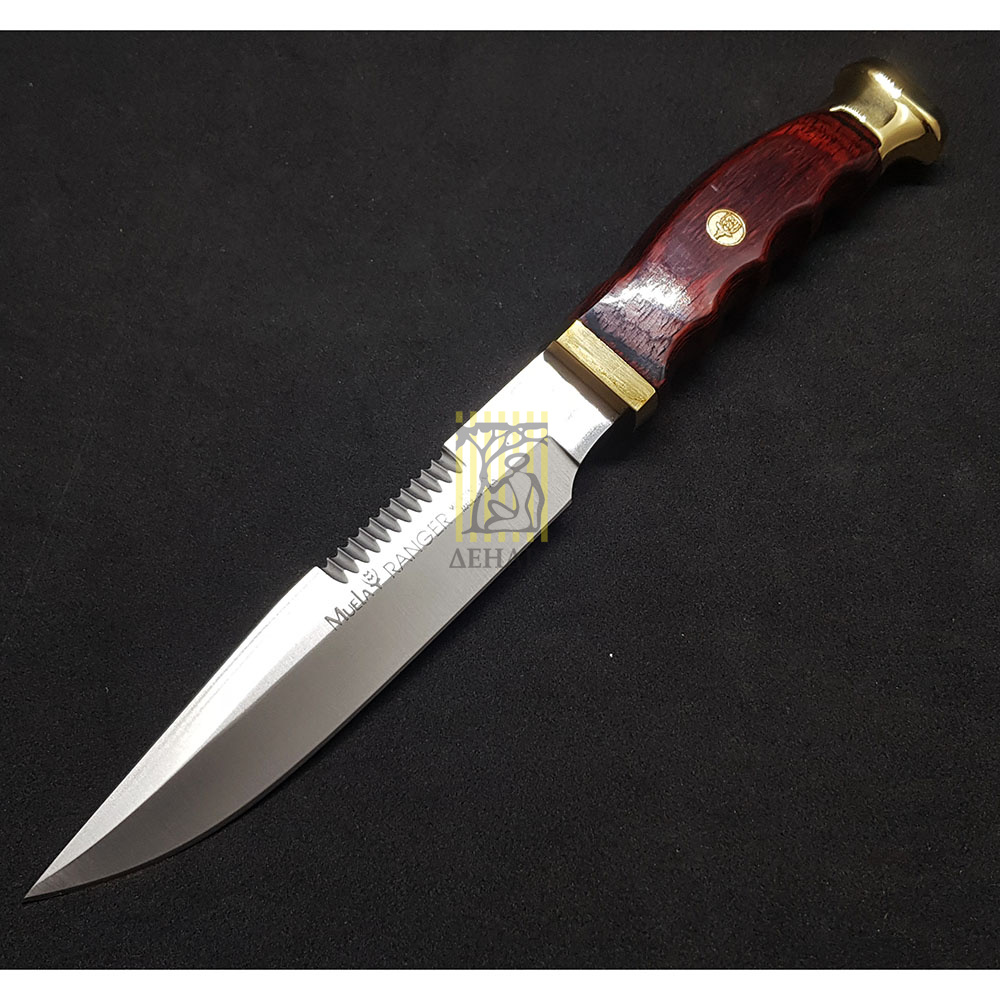 Нож "RANGER" с фикс клинком длиной 14 см пила на обухе, рукоять красная микарта, ножны кожа