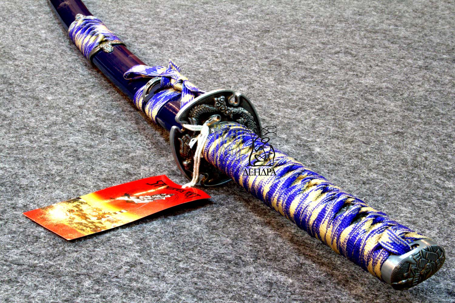 Катана, цвет серо-голубой, рукоять плетёная, ножны плетёные, латунь