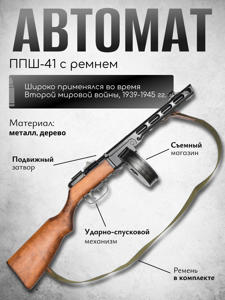 Пистолет-пулемёт Шпагина ППШ, патрон 7,62×25 мм, разработанный в СССР 1940 г. (2-ая Мировая Война) с