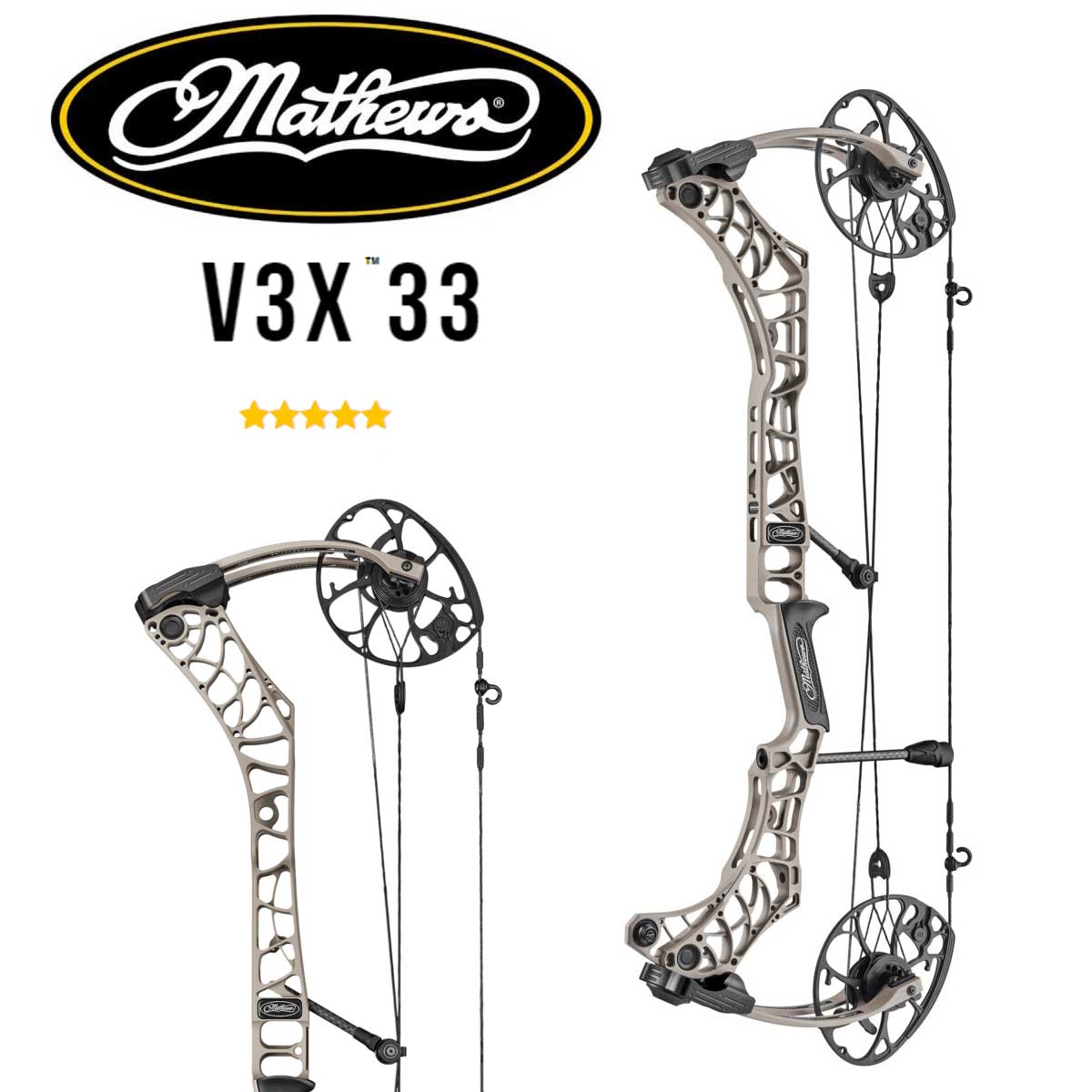 Лук блочный Mathews V3X33, GRANITE, вес 2,12 кг, сила 60 фунтов, от оси до оси 33", база 6,5", скорость 336 ф/с, сброс 80-85%, растяжка 27-31,5"