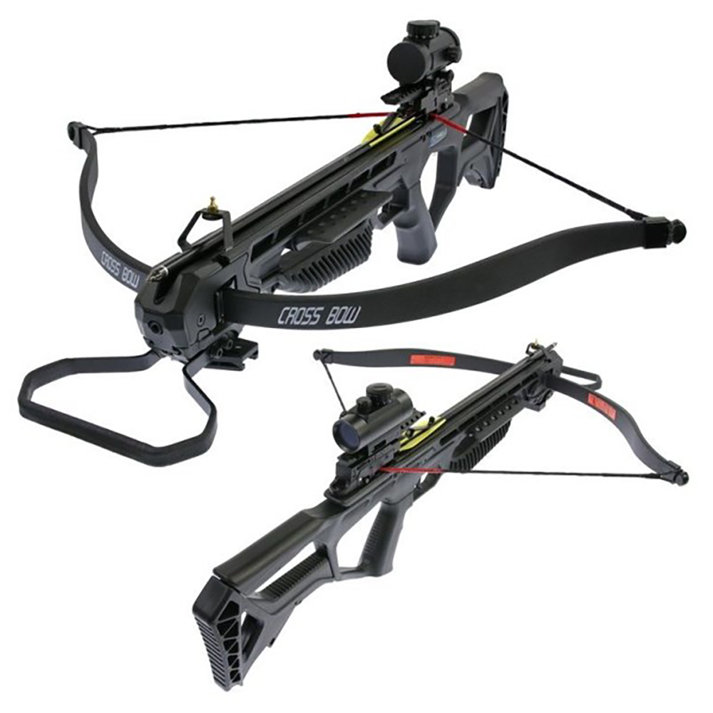 Арбалет рекурсивный, начальная скорость 260 фут/сек, размах плечей 27,5", длина натяжения 12", сила 