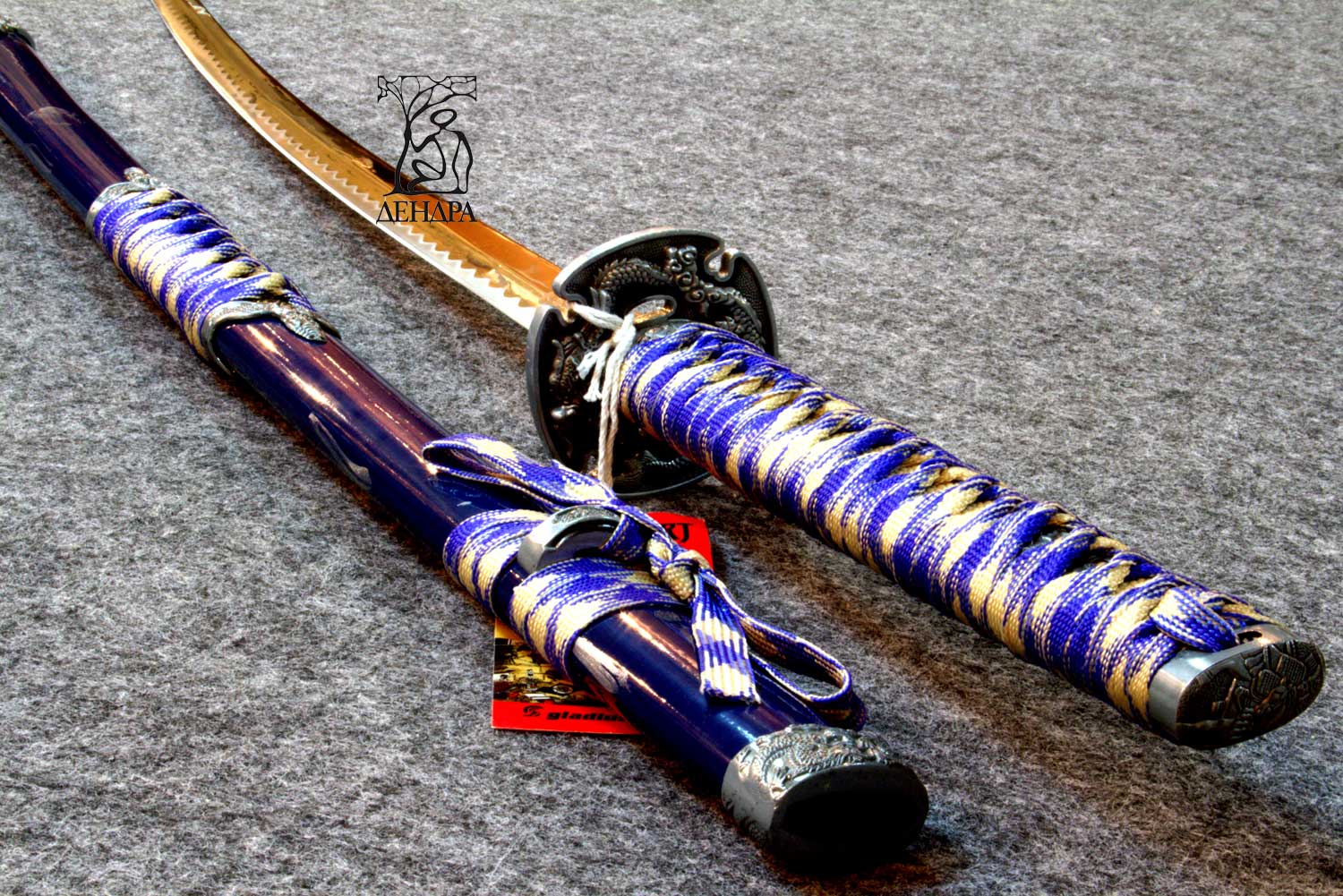Катана, цвет серо-голубой, рукоять плетёная, ножны плетёные, латунь